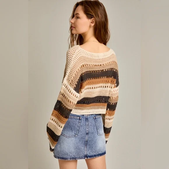 Multicolor Striped Crochet Knit Sweater Top - Picture 2 of 6